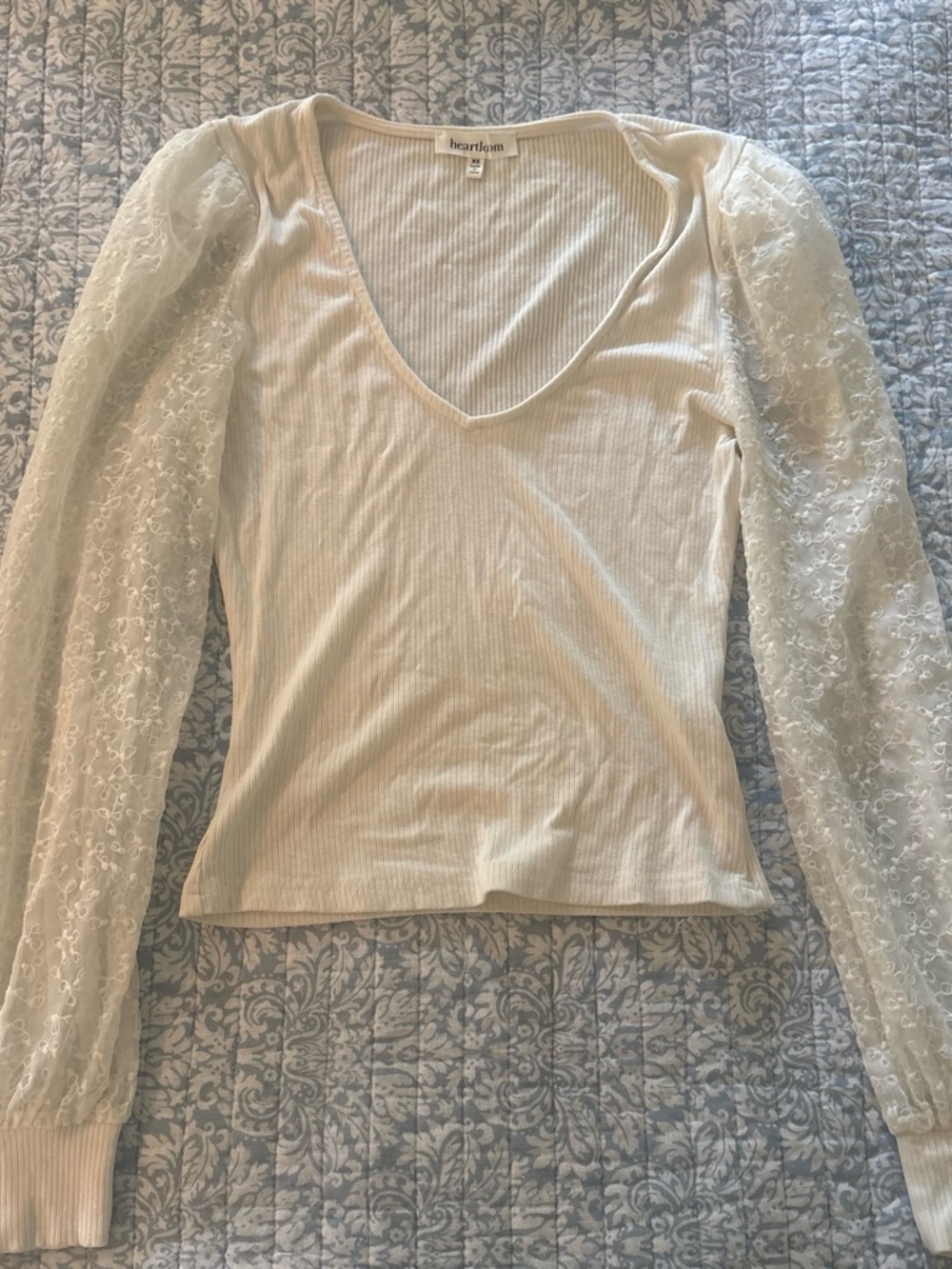 Heartloom Cream Ribbed V-Neck Top with Lace Puff Sleeves